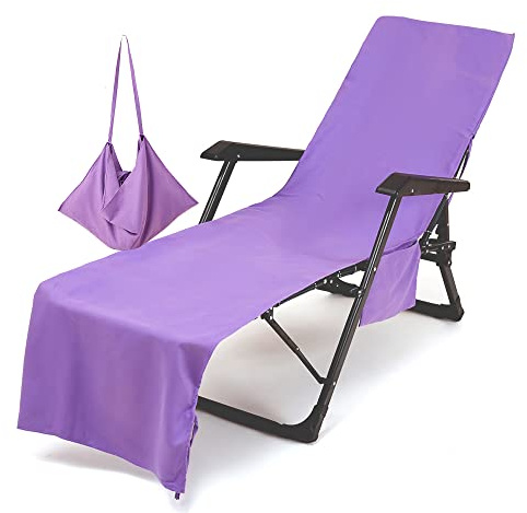 Morbuy Portable Solid Color Beach Towel, Beach Chair Cover Towel, Sun Lounger Beach Towel with Pockets, Microfiber Chaise Lounge Towel Cover for Summer Outdoor Garden Pool Vacation Travel (Purple)