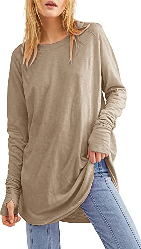 Långärmad damtopp, ledig T-shirt med rund hals, lös tunika, toppar, rund fåll, pullover, sweatshirt, blus med tumhål, Khaki, XXL