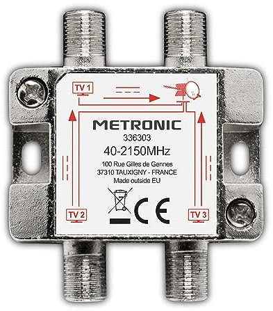 Metronic 336303 - Distribuidor de TV, divisor coaxial, DVB-T2 y satélite, divisor antena TV, blindado, metálico 1 entrada - 3 salidas F