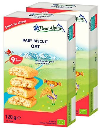 Fleur Alpine Babykekse Haferflocken - 12 x 2 Leckere Babysnacks für den leckeren, glatten Frühstücksbrei oder den Snack für zwischendurch | Einfache Vollkorn-Snackkekse | 9 Monate