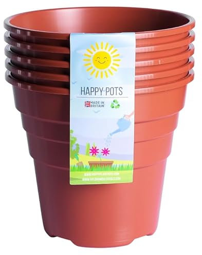 Happy Pots - 15cm Gloss Terracotta - Pack of 5 Premium Plastic Plant Pots - Reusable Flower Pots for Indoor/Outdoor Home Décor Gardening - Round, Heavy Duty, UV Resistant, Recyclable - Made in UK