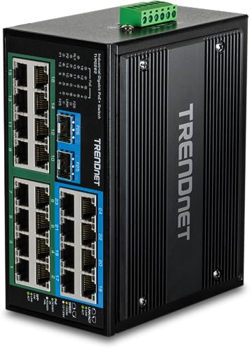 TRENDnet Switch industriale non gestito a 26 porte, TI-PG262, 16 porte Gigabit PoE+, 8 porte Gigabit RJ-45, 2 porte SFP, IP30, protezione a vita, nero