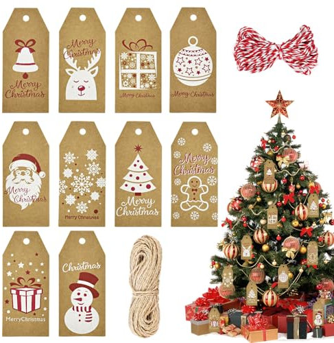 LIMITADA 100 Stück Geschenkanhänger Weihnachten Kraftpapier Weihnachtsanhänger Papier Weihnachten Kraftpapier Etiketten Weihnachtsgeschenkanhänger Klein Geschenketiketten Weihnachten mit Seil