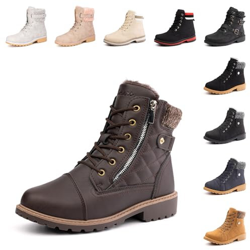 Hitmars Botas Mujer Invierno Calientes Botas Nieve Forradas Cortas Botines Planas Bajas Zapatos Invierno Antideslizantes Comodo Marrón 39 EU