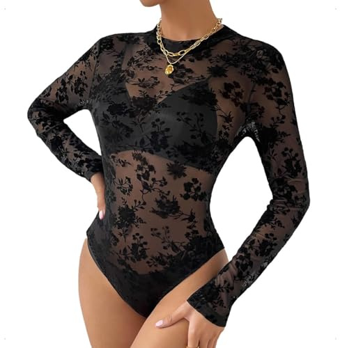 EMOTTOS Body da donna in pizzo sexy, manica lunga in rete trasparente stampata a fiocchi, scollo rotondo per vedere attraverso la tuta da donna, body femminile sexy da club(BLACK-S)