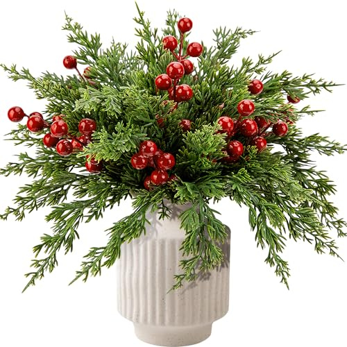 60 Pcs Christmas Artificial Pine Branches Red Berry Stems Faux Xmas Sprigs