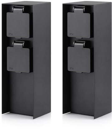 Lot de 2 colonnes multiprises de jardin avec 2 prises, max. 3680 W, IP44, prise extérieure en aluminium, pour l'extérieur, rectangulaire, noir