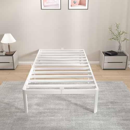 KVLKBV Cadre de Lit Simple 90 x 190 cm, Blanc avec Patins Antidérapants et Espace de Rangement (35,5 cm), Idéal pour Chambres à Coucher et Chambres d'Invités.