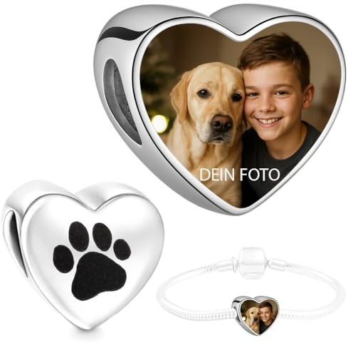 Personalisiert Schmuck Foto Charm Liebes Herz kompatibel mit Pandora Armband, Klar oder Hunde-, Katzenpfote Edelstahl Fügen Sie Ihr Bild hinzu (Gravierte Pfote)