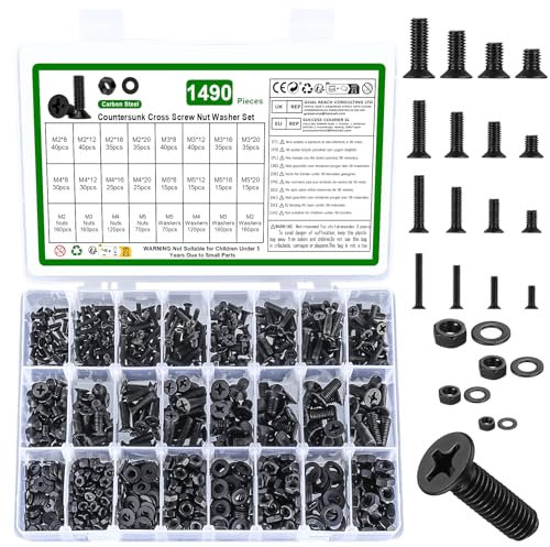 1490 Pcs Kit Assortiment Vis M2 M3 M4 M5 et Écrous, Boulons à Tête Fraisée Cruciforme avec Rondelles Noires