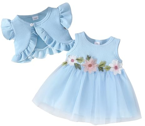 JiAmy Baby flickklänning och kortärmad våffelcardigan set småbarn ärmlös blomklänningar 2 delar prinsesskläder för flickor 6 månader – 3 år, blå, 12-18 månader