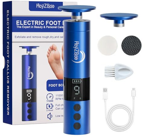 HayZBao Rechargeable Electric Foot File with 2Glass Sander Discs - Cordless Electric Foot Callus Remover,Professional Pedicure Tool for Dead Skin and Calluses,Foot Scrubber - Blue 11000 RPM