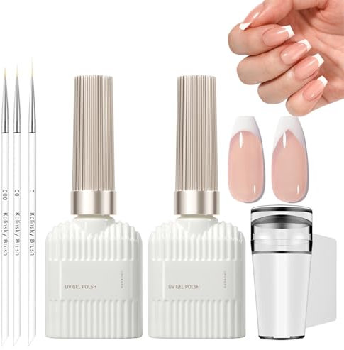 Nude French Manicure Kit - Jelly Nude and White Gel Nail Polish Set French Manicure Nail Polish with Nail Stamper and 3Pcs Nail Art Pen,Long Lasting French Manicure Gel for Home DIY Nail Salon