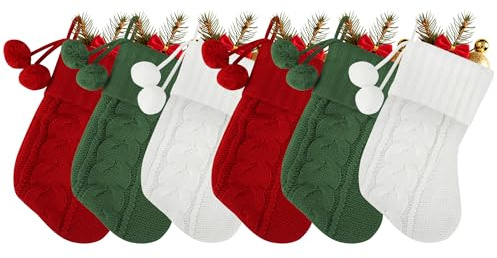 HAJOYHA Mini Knitted Christmas Stockings Set Of 6, 9 lnch Personalized Knitted Xmas Hanging Stockings Small Christmas Stocking for Kids,Pet,Christmas Decoration, Burgundy, lvory, Green