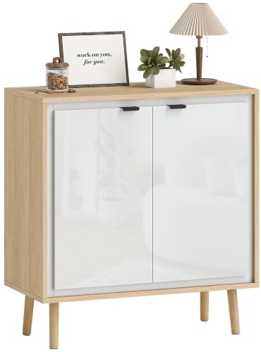 HOMCOM Buffet à Haute Brillance, 2 Portes 72 x 35 x 77 cm Blanc Chêne | Meuble de Rangement, Étagères Réglables, Pieds en Bois, Style Moderne, Buffet Salle à Manger, Cuisine et Salon