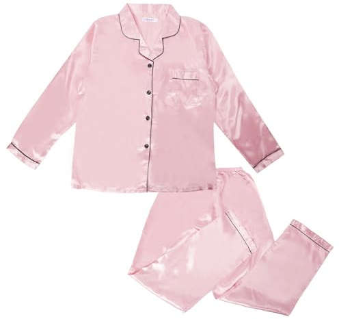 Risipu Set Pigiama in Seta per Bambini a Maniche Lunghe Ragazzi Ragazze Pigiami Pigiami in Raso per Ragazze Pigiama in Seta per Bambini Morbido Abbigliamento da Riposo, rosa, 12-13 Years