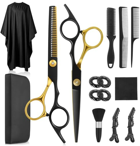 Lictin 15 en 1 kit 6.7 Tijeras de Peluquería Profesional Corte de Pelo de Acero Inoxid con Peine,tijeras entresacar,Bolso de Cuero ，Capas para Peluqueria,(Negro y Dorado)