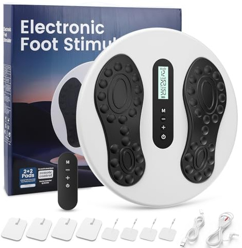Stimolatore di circolazione per piedi e gambe, massaggiatore per piedi EMS con 8 cuscinetti TENS, 12 modalità e 20 livelli di intensità, massaggiatore elettrico per piedi allevia neuropatie e