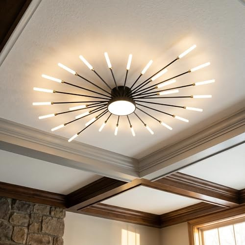 IYJOPE Modern Ceiling Light LED Flush Mount Ceiling Light for Living Room,Kitchen,Dining Room,Bedroom Fireworks Design Dimmable with Remote Control & Memory Function Lighting Fixture (Black,28 Light)
