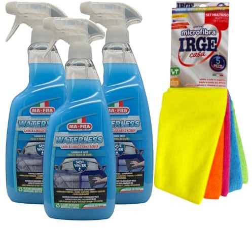 SET: Detergente Spray WATERLESS Lava & Lucida Senz'Acqua, Lavaggio a Secco, Facile e Veloce Da Usare 750ml + Confezione Da 5 Panni In Microfibra (3 Spray + Panni)