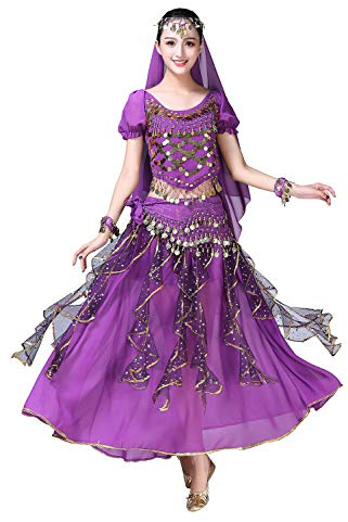 ORIDOOR Women Belly Dance Dress Indian Bollywood Halloween Costume Chiffon Skirts Shiny Belly Dance Suits 5-Piece Outfit, 004 Purple, One Size