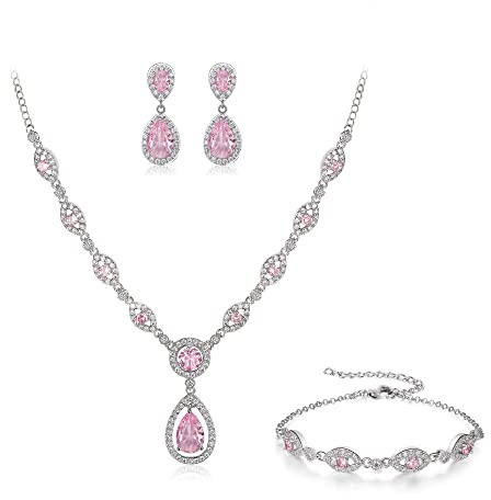 Clearine Set di gioielli da sposa con zirconi cubici per collana a Y, braccialetto a catena e orecchini pendenti rosa con fondo argento