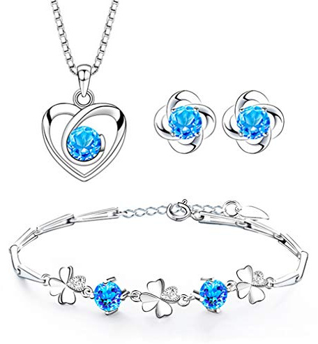 Josfeva Parure Femme Argent Sterling 925 avec Zircon Cubique Bleu, Parure de Bijoux Coeur Collier Trèfle Boucles d'oreilles Bracelet, Ensemble de Bijoux d'amour Clous Chaîne Pendentif Hypoallergénique