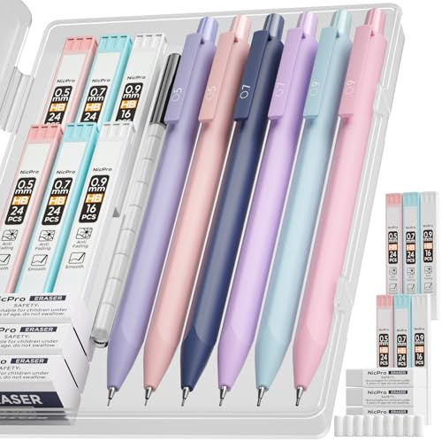Nicpro set med 6 pastellpennor, mekaniska blyertspennor, 0,5, 0,7, 0,9 mm med 6 burkar HB blyertspennor och suddgummin, stuppenna för elever att skriva, rita, skissa