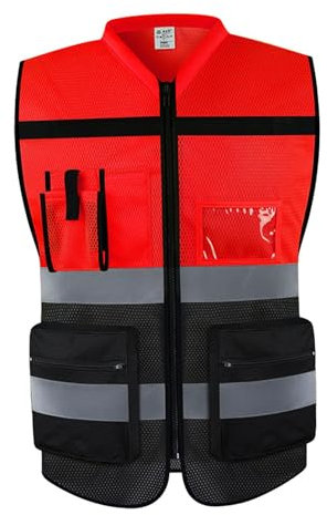 Generic Warnweste mit Reißverschluss, Arbeitskleidung zum Wandern, Radfahren, Spazierengehen, Rot Schwarz XL