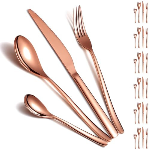Cutlery Sets 24 Pieces Service for 6, ReaNea Rose Gold Titanium Plating Flatware Set Include Dinner Knives, Dinner Spoons, Dinner Forks, Teaspoons, Dishwasher Safe