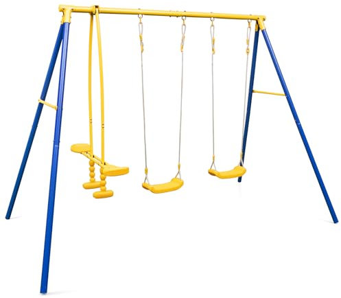 COSTWAY Kids Swing Set, Heavy Duty Extra Large Metal Swing Frame with Double Swings, Glider, Adjustable Hanging Rope, Children Outdoor Backyard Play Set for 3+ Years Old