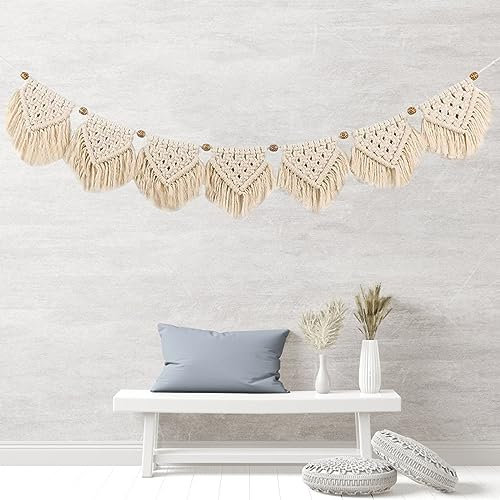 Tokenhigh Arazzo da parete in macramè, decorazione da parete, in stile bohémien, 100 cm x 14 cm, ghirlanda intrecciata a mano, decorazione da parete per soggiorno, camera da letto, balcone, regalo per