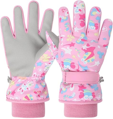 HNGEMSY Handskar barn vinter snöhandskar skidhandskar för 2–13 år flickor pojkar PU palm vattentäta vindtäta varma fleece vinterhandskar (rosa, L)
