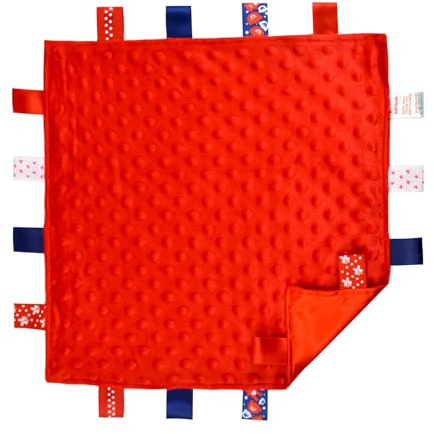Soft Touch Taggie Dimple Comforter Baby Comfort Blanket with Sensory Tags and Bubble/Heart/Star/Foil Print Pattern (Red Dimple)