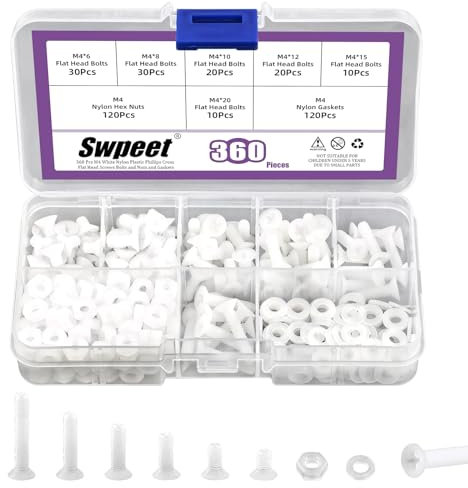 Swpeet 360 tornillos de cabeza plana Phillips de nailon blanco M4 de 6 tamaños con tuercas y juntas, tornillos de cabeza plana avellanados de nailon, tornillos de máquina de nailon roscado, longitud 6