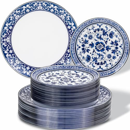 Hioasis 60pcs Blue Plastic Plates Set - Floral Blue & White Porcelain Design, 10.25 Dinner & 7.5 Dessert Plates Disposable for Wedding (Dishwasher Safe, Art Style)