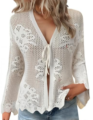 Uwdiohq Cardigan Décontracté pour Femme Manches Longues, Ajouré, Noué sur Le Devant, en Crochet, La Plage, Été Gilets Gilet Blanc Ete Leger Long Bleu Marine Rouge Court Chic Et Elegant sans Pull