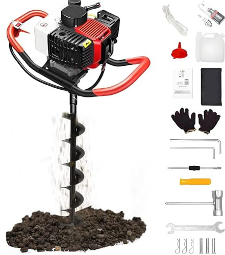 RETRIN Taladro de Suelo Gasolina 199CC 4 Tiempos, Ahoyadora Profesional con Mezcla Gasolina:Aceite, Diseño Ligero para Instalación de Postes y Excavación de Agujeros 12cm