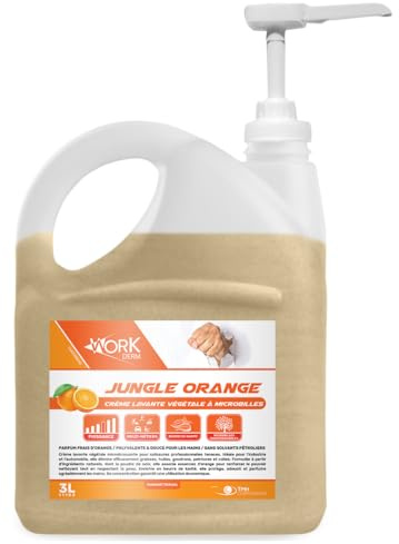 WORKDERM | JUNGLE Orange : Savon Mains Naturel avec Microbilles Végétales - Sans Solvant Pétrolier - Enrichi en Beurre de Karité - Élimine Graisses, Huiles, Peintures et Goudrons (3 litres + pompe)