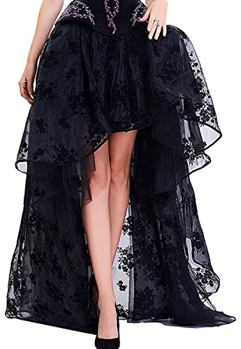 Zooma Jupe Noire pour Femme Punk asymétrique Robe Steampunk Cocktail Mousseline Dentelle Party Jupe Cosplay