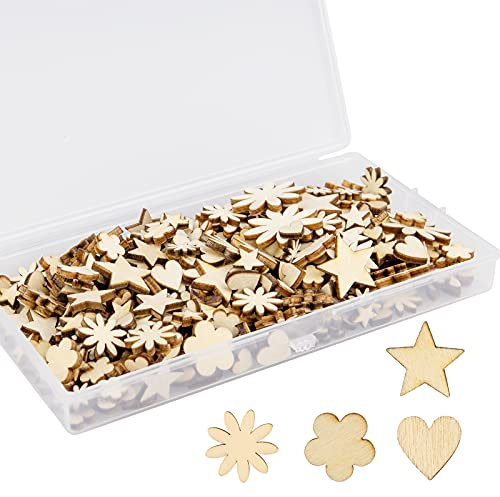 TAIYOU 400 Stück Holzscheiben mit Plastikbox Holzsterne Holzherz Holzblumen zum Basteln Dekorieren Diy Holz Deko Holz Scheiben für Weihnachts-Deko Tischdeko Streudeko Sammelalben