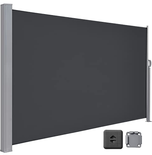 LARMNEE Seitenmarkise mit Stahl-Kasten, ausziehbar, 180 x 350 cm, Rostbeständig, Windschutz, Sonnenschutz, Seitenrollo, Blickdicht, für Balkon, Terrasse, Garten, Anthrazit EBK1835TBP02