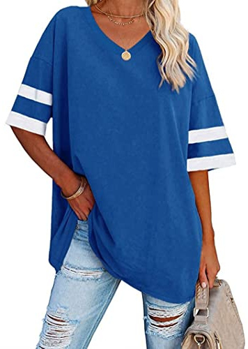 Voopptaw Loose Tee Tops for Women Ladies Striped Short Sleeve Baseball T Shirt Basic Tops Navy L