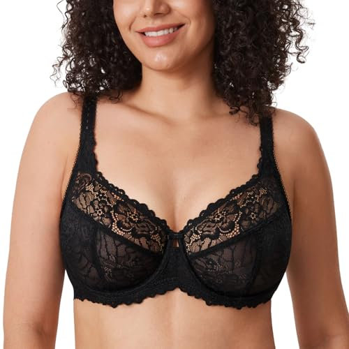 Delimira Women's Plus Size Bra Full Coverage Minimiser Non Padded Lace Underwired Bras Black 48F