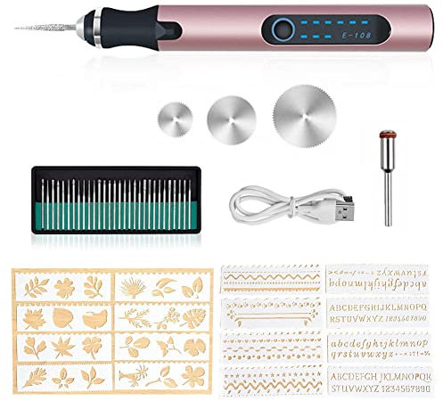Gravierwerkzeugsatz, USB Mini Gravierstift Mit Gravurzubehör, Kabelloses Graviergerät Für Metall Glas Holz Stein Schmuck Nägel Keramik (Rosa)