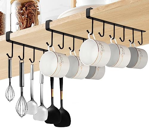 RISVOWO 3 Pièces Porte-Tasses, Tasse Rangement Crochets pour Accroche Ustensiles de Cuisine, Support Tasse Sans Perçage, Stockage de Tasse pour Tasses/Ustensiles de Cuisine/Cravates Ceintures(Noir)