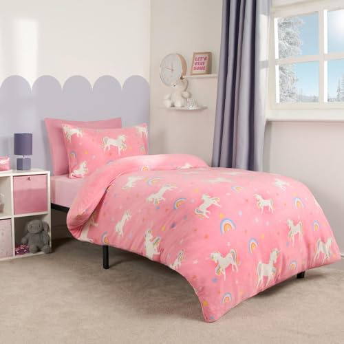 OHS Unicorn Bedding Single Kids Teddy Fleece Duvet, Pink Bedding for Girls Single Duvet Covers with Pillowcase Ultra Soft Comfy Warm Thermal Bedding