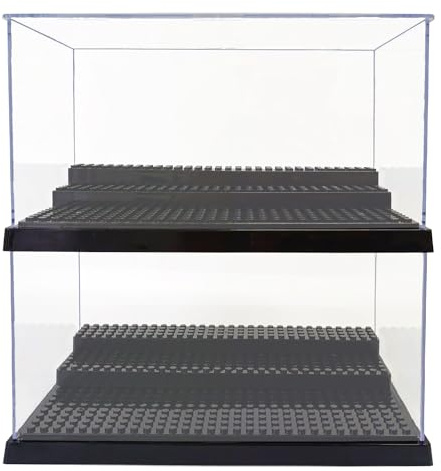 Minifigure Display Case – Black Base with 3-Tiered Steps, Eye-catching Display Design and a Dash of Magic – A Delight for Lego Enthusiasts (2PCS)