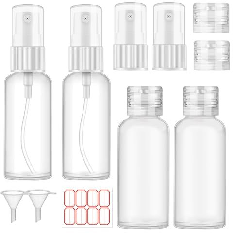 4 pezzi 50 ml Flaconi Spray,Portatile Bottiglia Flaconi Spray per i Viaggi,Bottiglia Spray in Plastica Portatile,Con Etichette Imbuti e Coperchio,Flaconi Spray da Viaggio in Plastica Trasparente