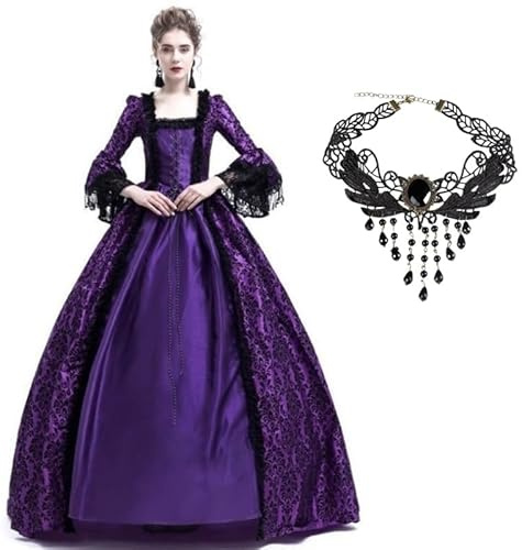 Velcoxplay Abito da donna medievale vittoriana regina abito a maniche lunghe medievale rinascimentale costume gotico Lolita Party rococò maniche a sbuffo maxi abito viola L